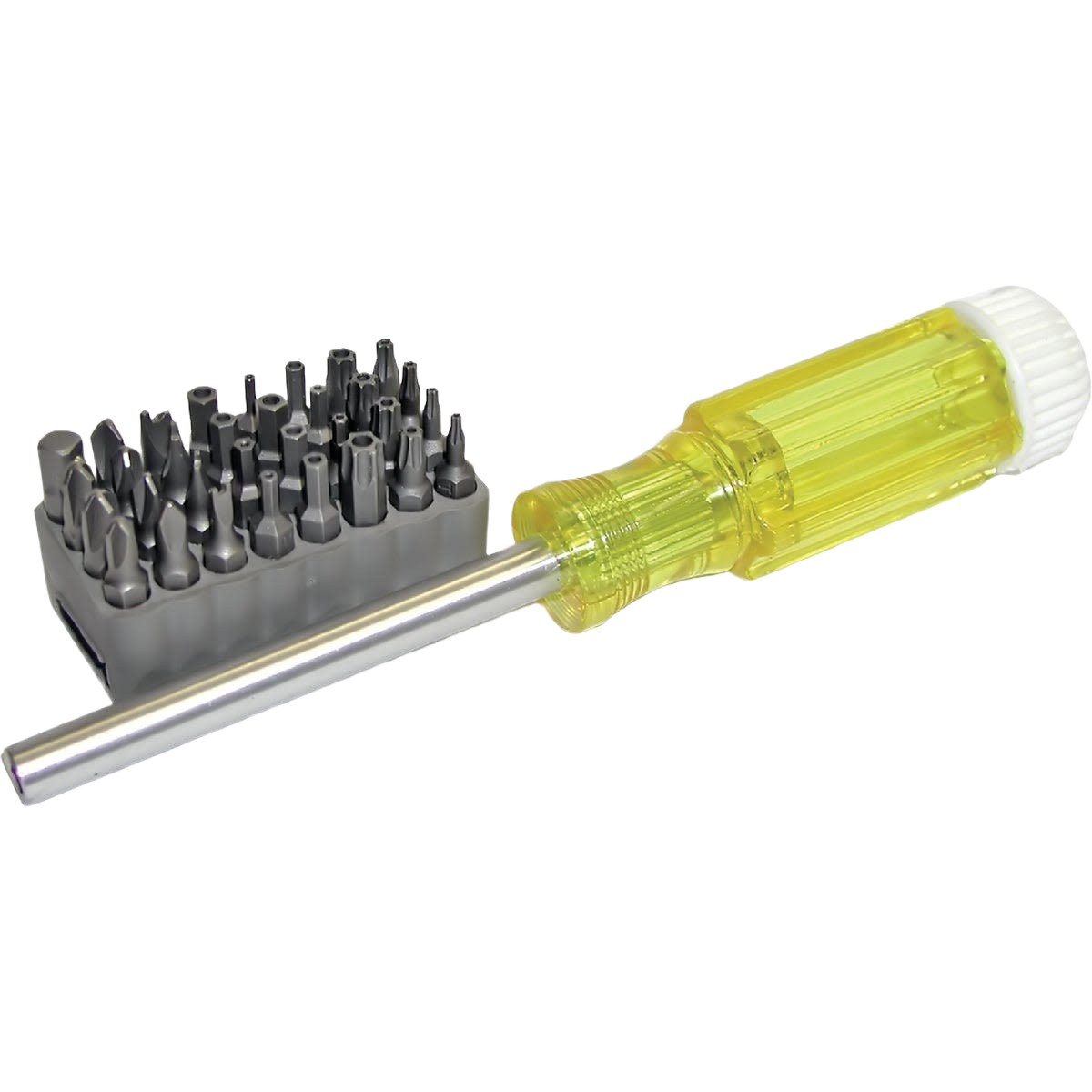 Yellow-handled multi-bit screwdriver with magnetic tip and 32 security bits for fastening and woodworking projects under $50