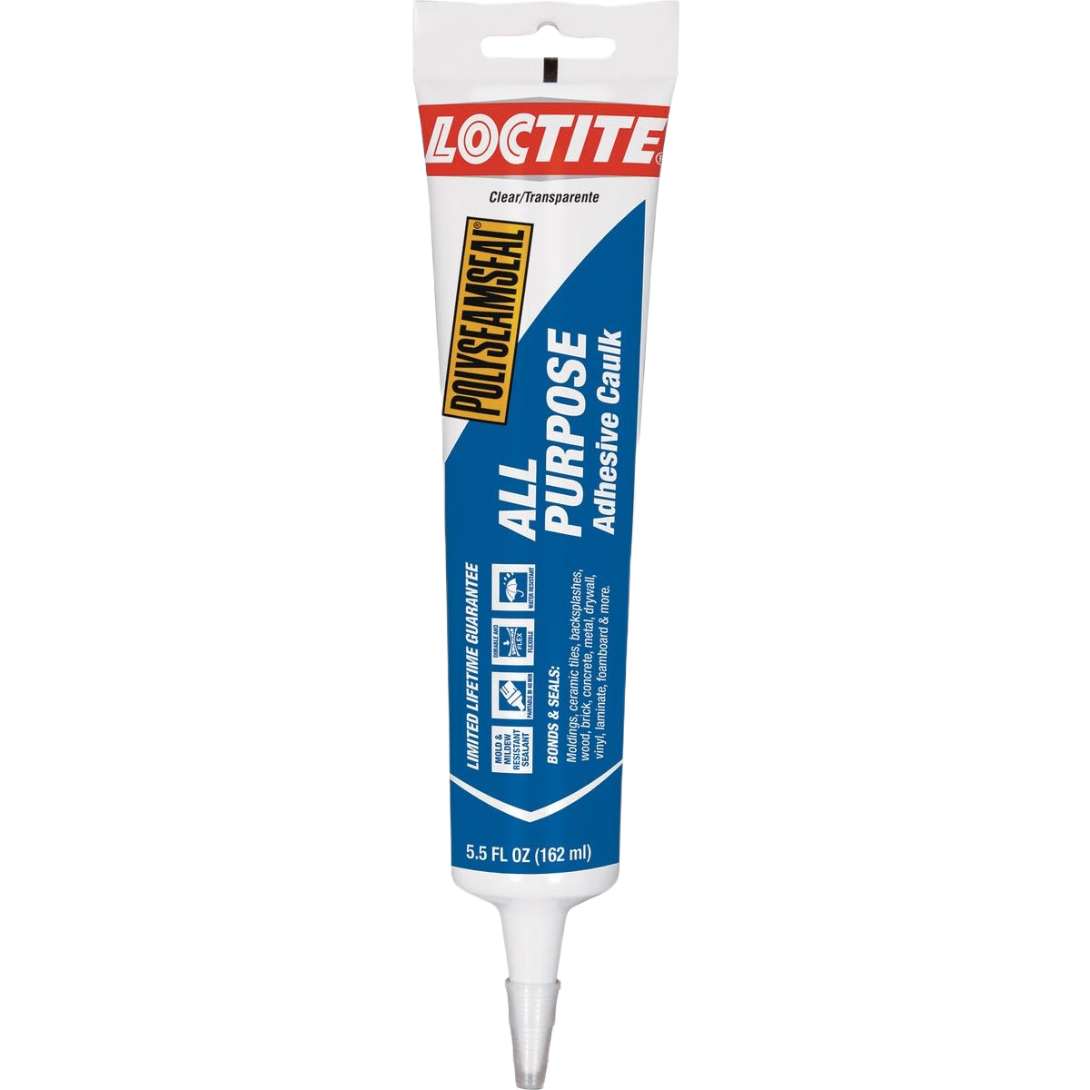 Tube of clear adhesive caulk with blue and white label for home improvement and general sealing tasks