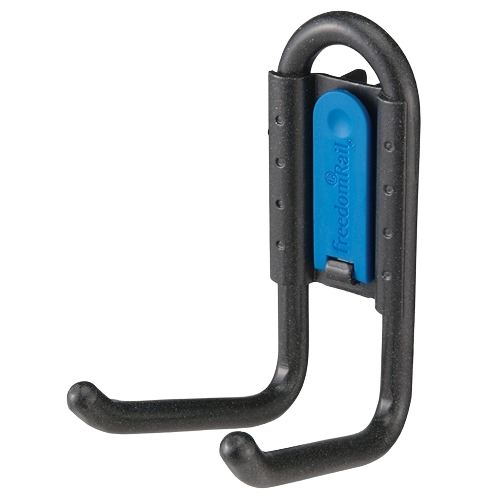Black metal double hook with blue locking mechanism for versatile storage in garage and organization projects under 50 dollars