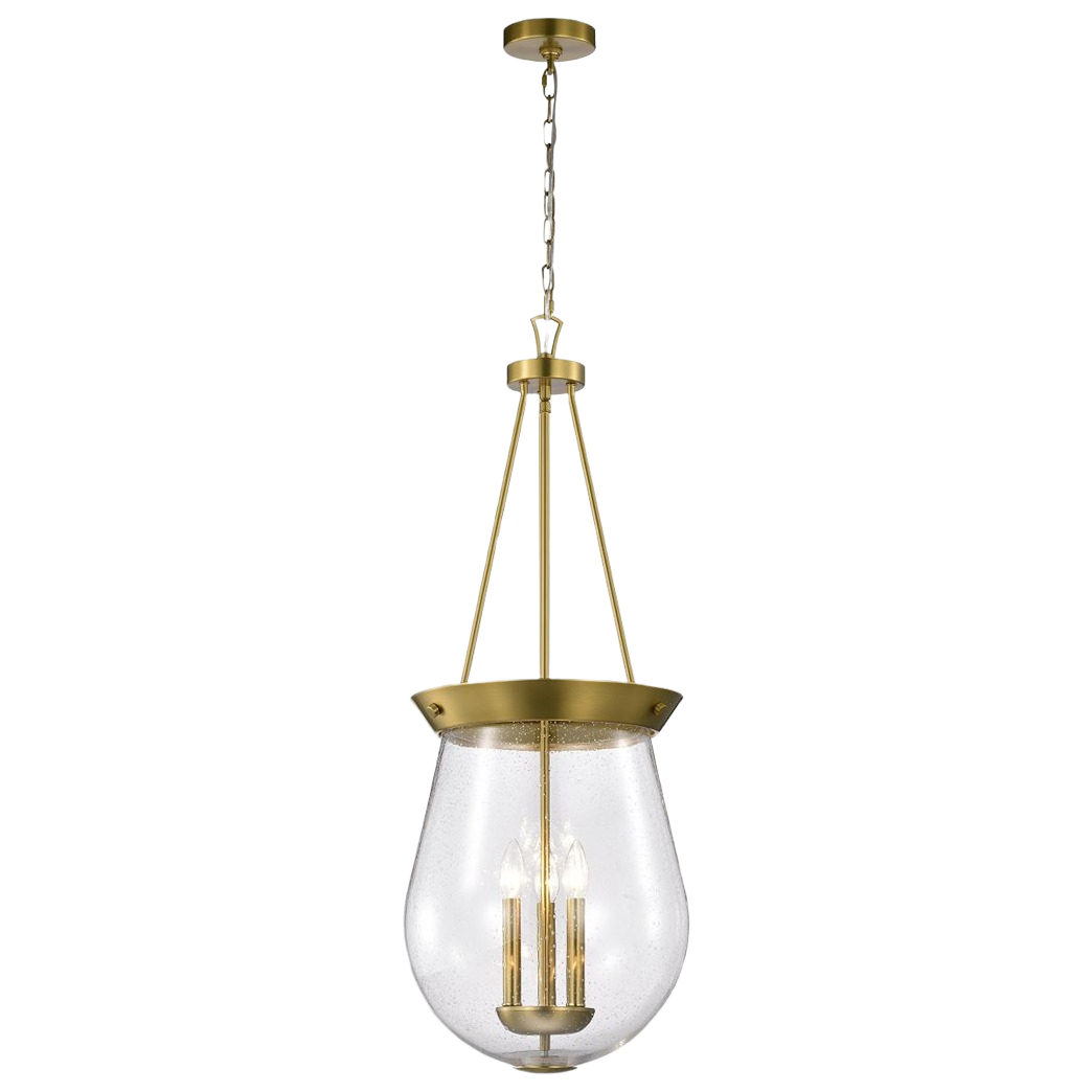 Vintage brass hanging light with clear seeded glass shade for elegant home improvement lighting projects