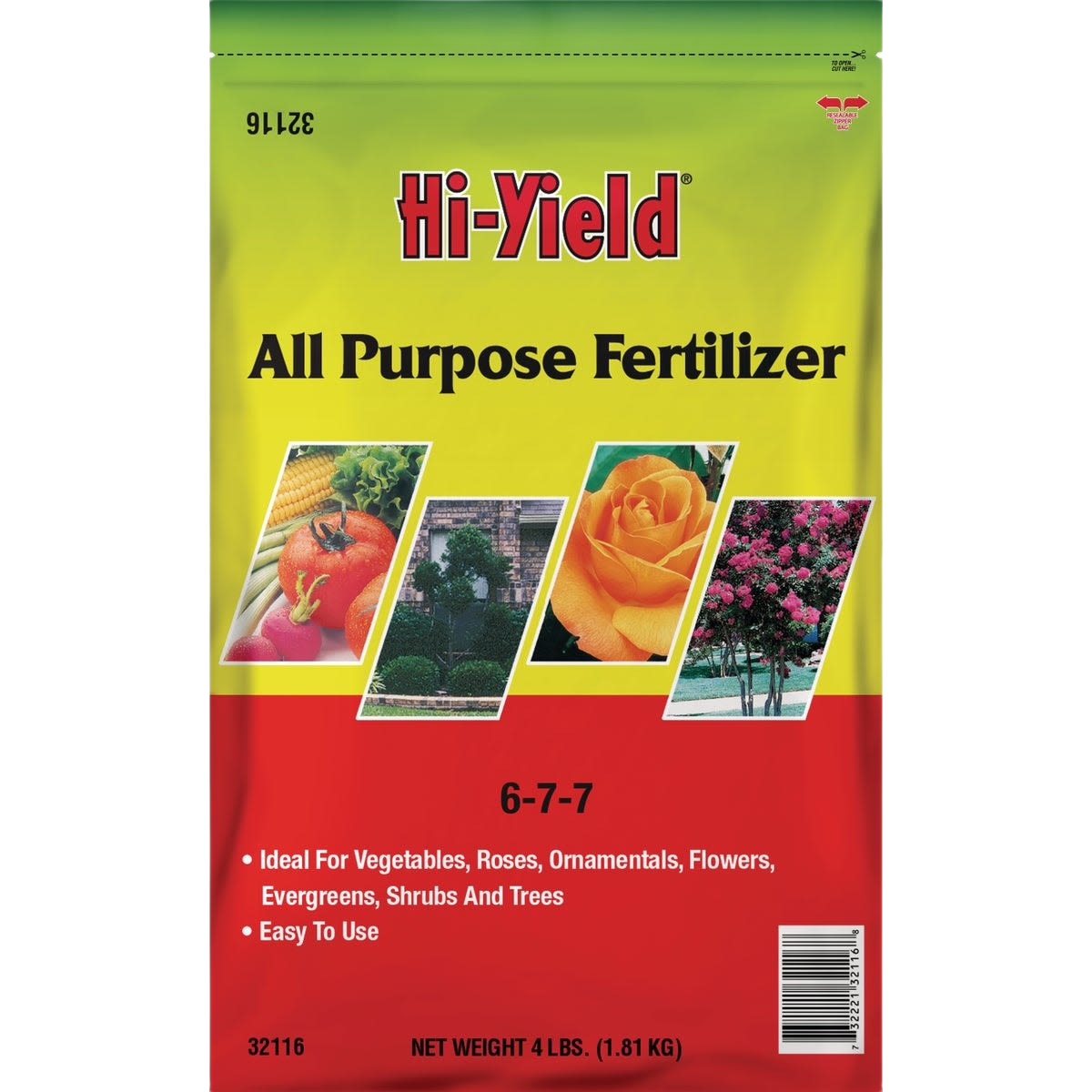 Hi-Yield all-purpose fertilizer bag with vibrant images of vegetables, flowers, and trees for home improvement gardening tasks