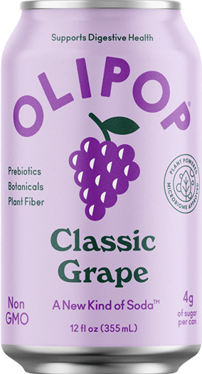 Purple can of Olipop Classic Grape soda featuring grape graphic and digestive health benefits in Drinks collection