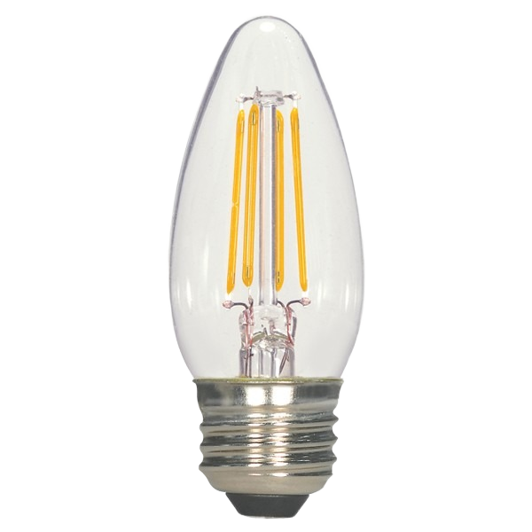 Clear decorative LED bulb with medium metal base and filament-style design for home lighting and electrical use