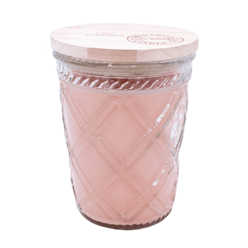 Decorative jar candle with pink wax and wooden lid, featuring a diamond-patterned glass container for home ambiance.