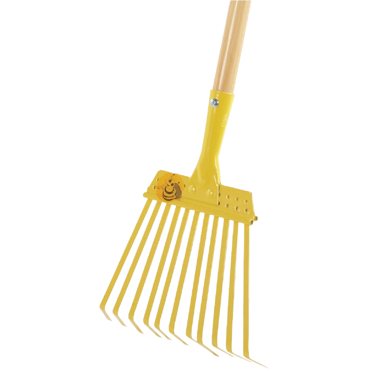 Yellow steel leaf rake with wooden handle designed for kids' outdoor yard work and garden maintenance tasks