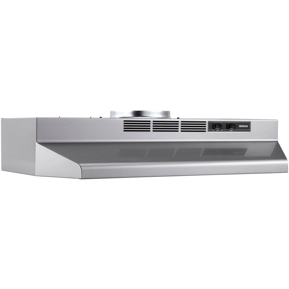 Stainless steel under-cabinet range hood with vent controls, designed for versatile kitchen ventilation in appliances collection