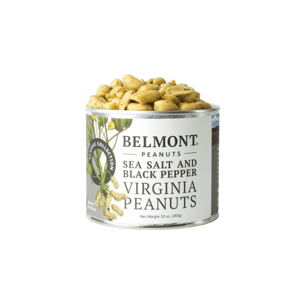 Open can of Belmont Virginia peanuts seasoned with sea salt and black pepper spilling out on white background