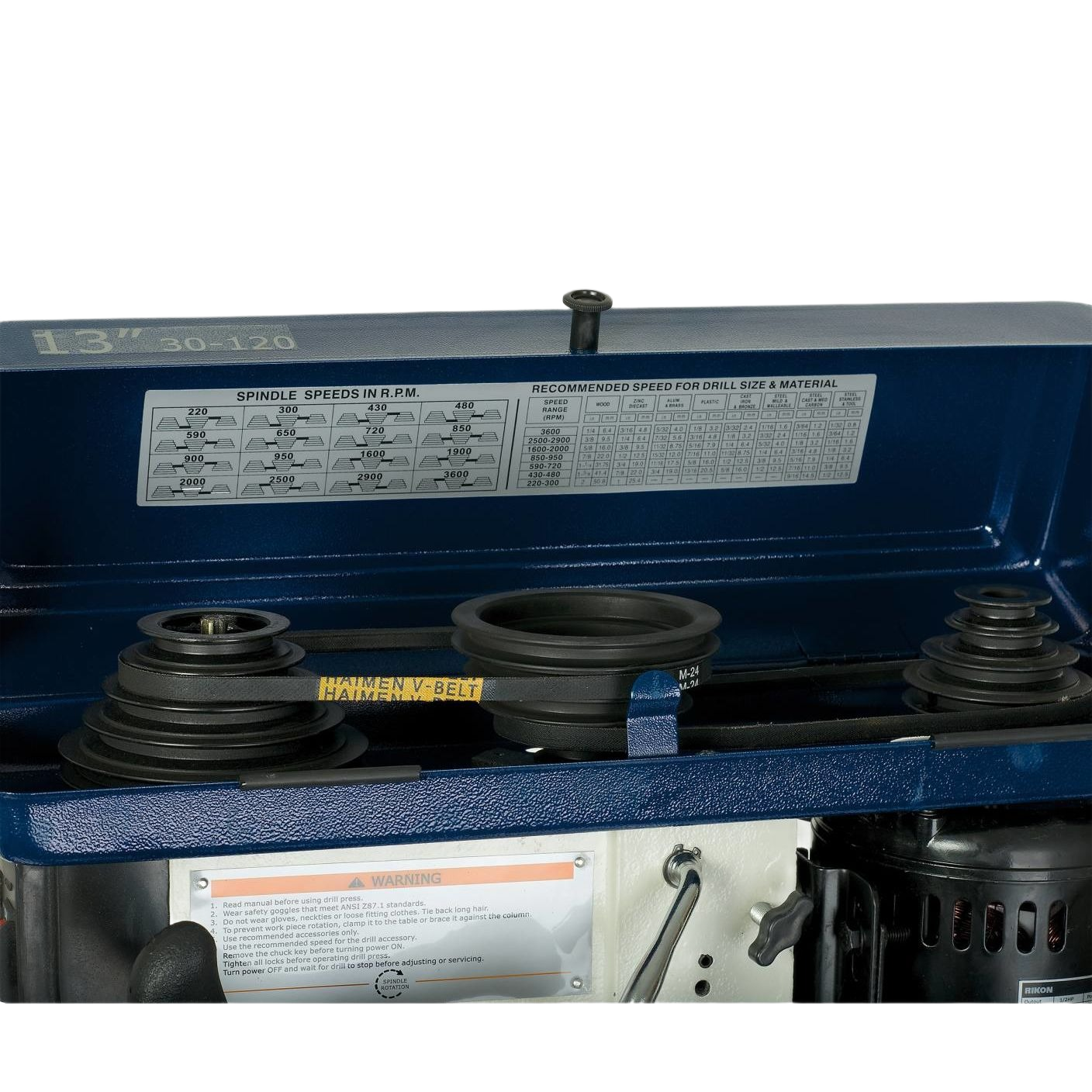 Blue metal pulley system with adjustable V-belts and speed guide chart for a bench drill press in home improvement use
