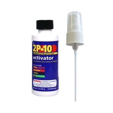Bottle of 2P-10 wood adhesive activator with white applicator nozzle for woodworking tool accessories under $50 collections