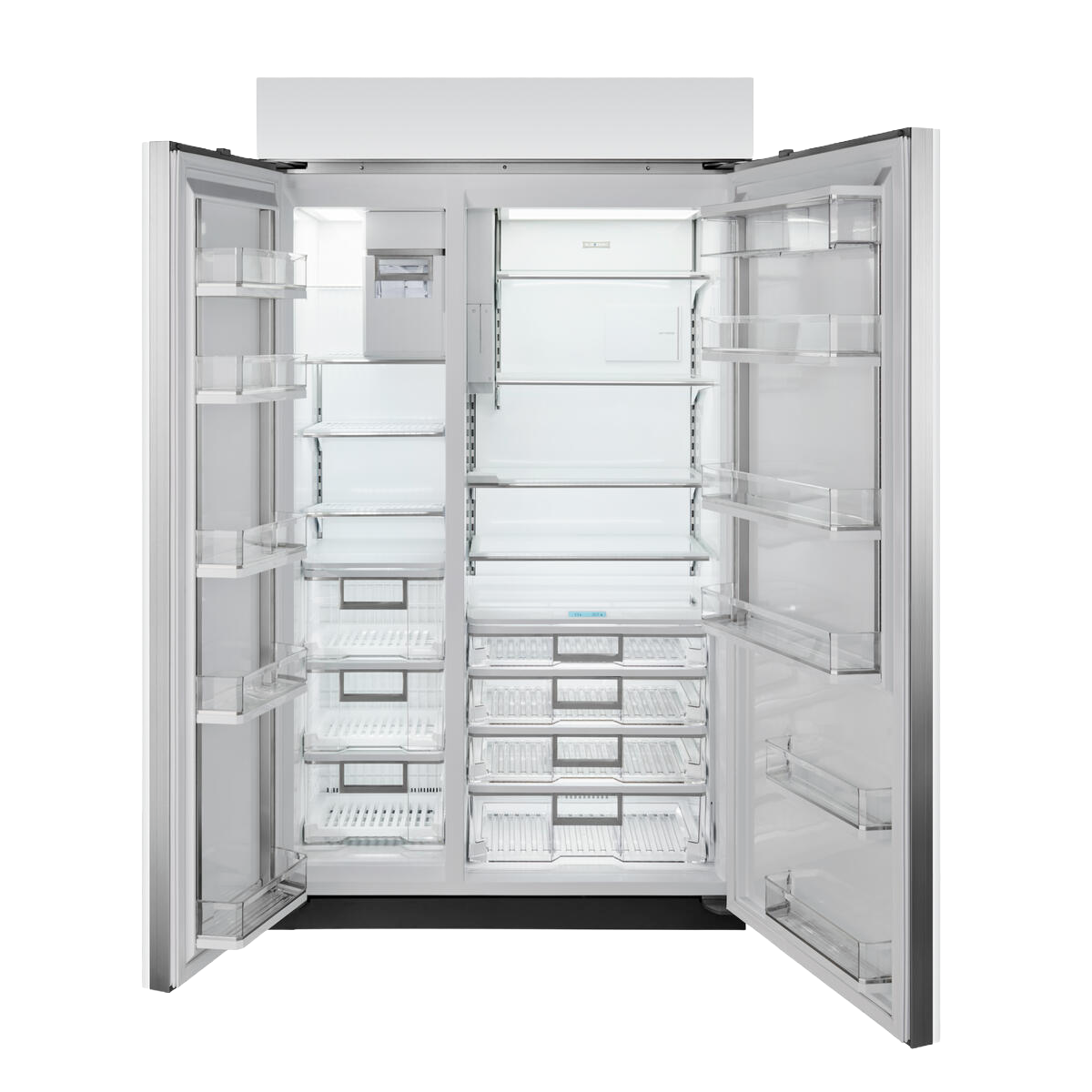 Open side-by-side refrigerator and freezer with clear shelves and multiple storage compartments in kitchen appliances collection