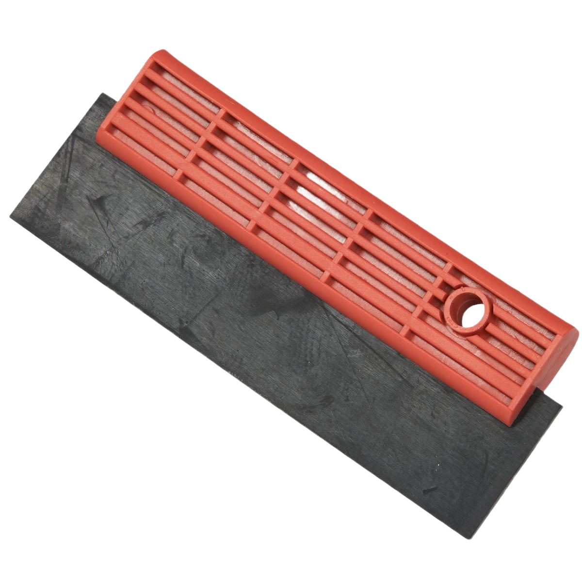 Grout float with red plastic handle and black rubber base for smooth tile grout application in flooring tools and materials collection