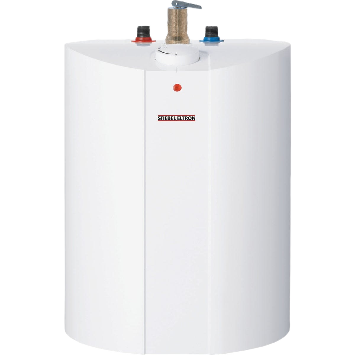 Compact white electric mini tank water heater with temperature control knob and red and blue inlet outlets for home use