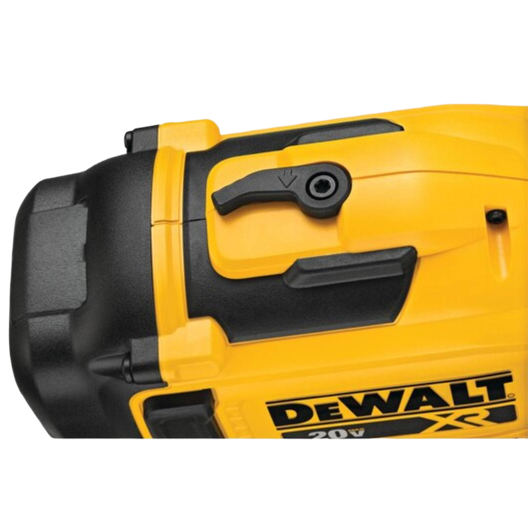 Close-up view of adjustment lever and yellow housing on a cordless coil roofing nailer tool for home improvement tasks
