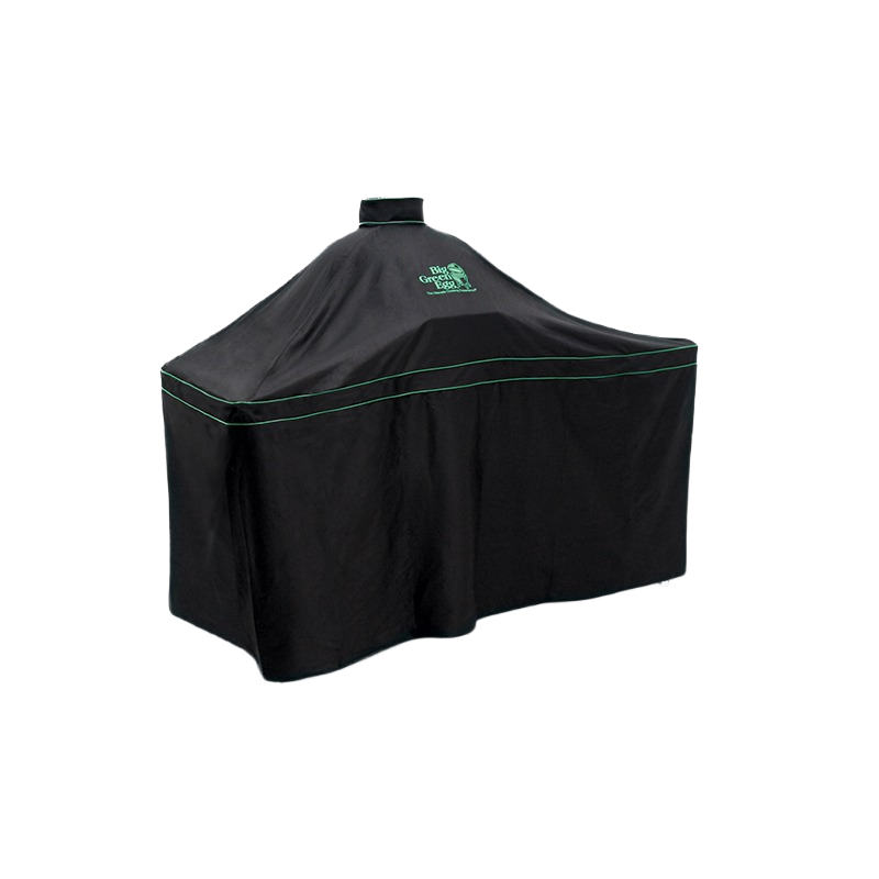 Black durable protective cover with green stitching designed for outdoor grill and table protection.