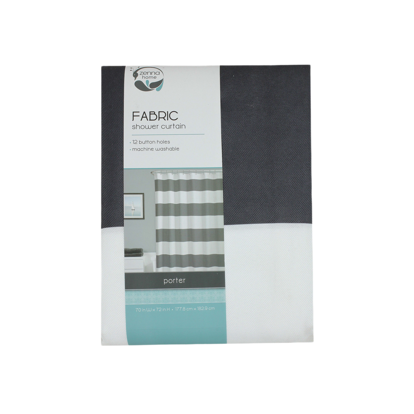 Folded fabric shower curtain in black and white with labeled packaging highlighting button holes and washability features
