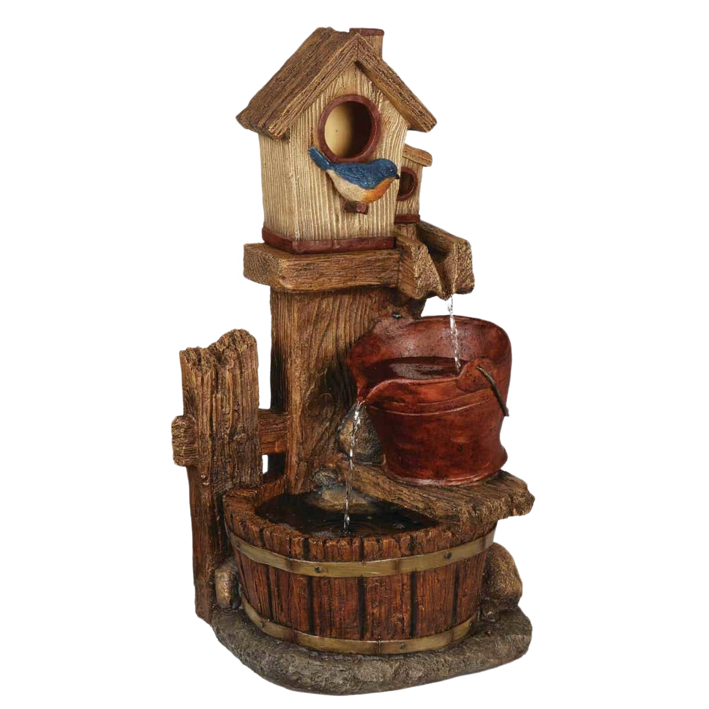 Polyresin birdhouse fountain with rustic wooden barrel and flowing water for garden decoration and home improvement