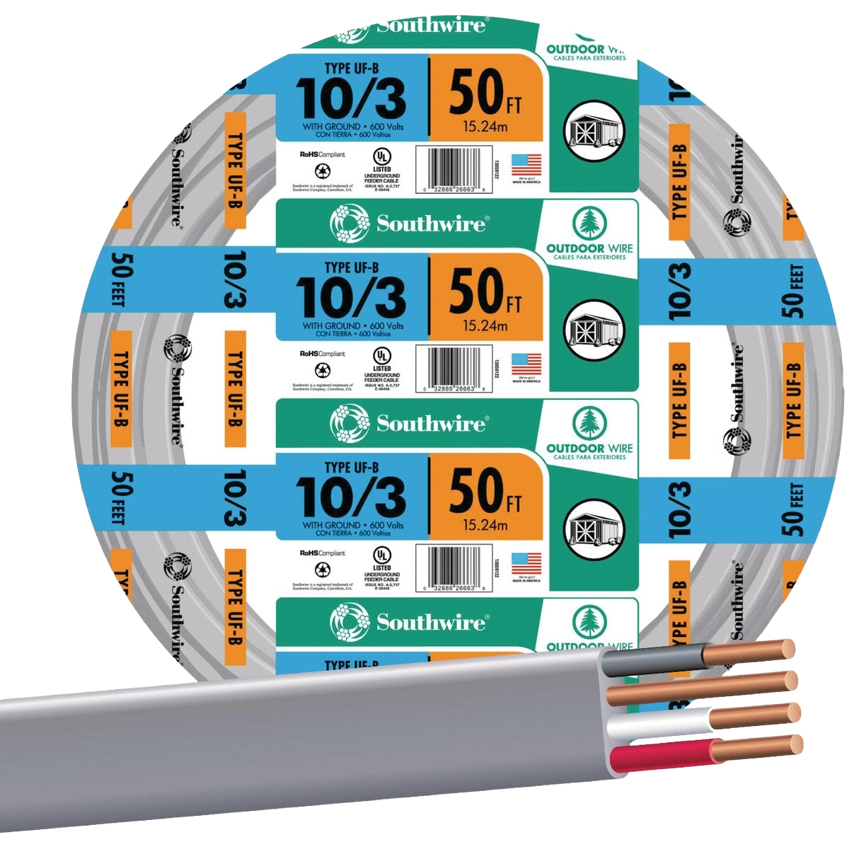 Coiled outdoor electrical wire with 10 AWG 3 conductors designed for underground use in building wire and home improvement.