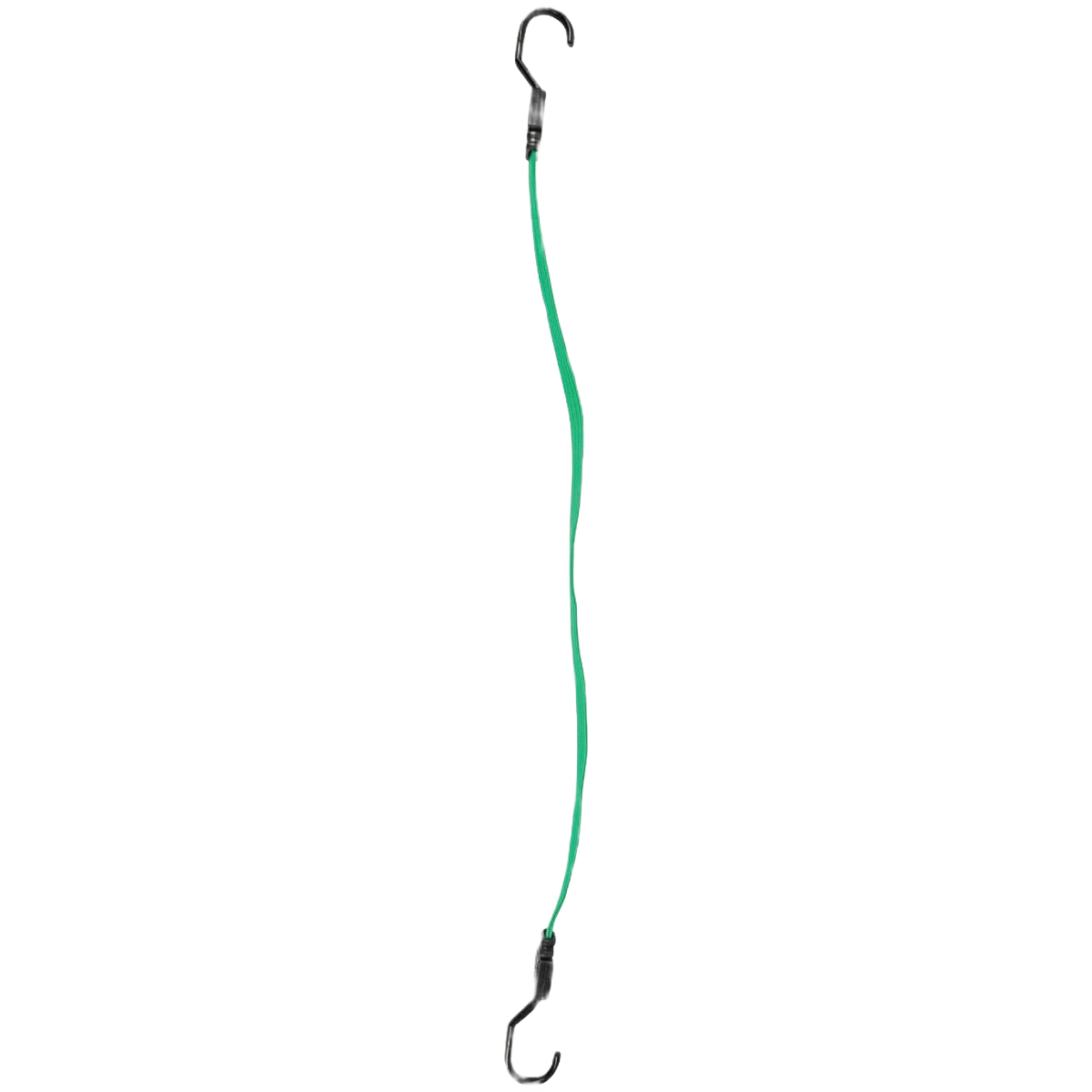 Green flat bungee cord with metal hooks on both ends for securing items in home improvement tasks