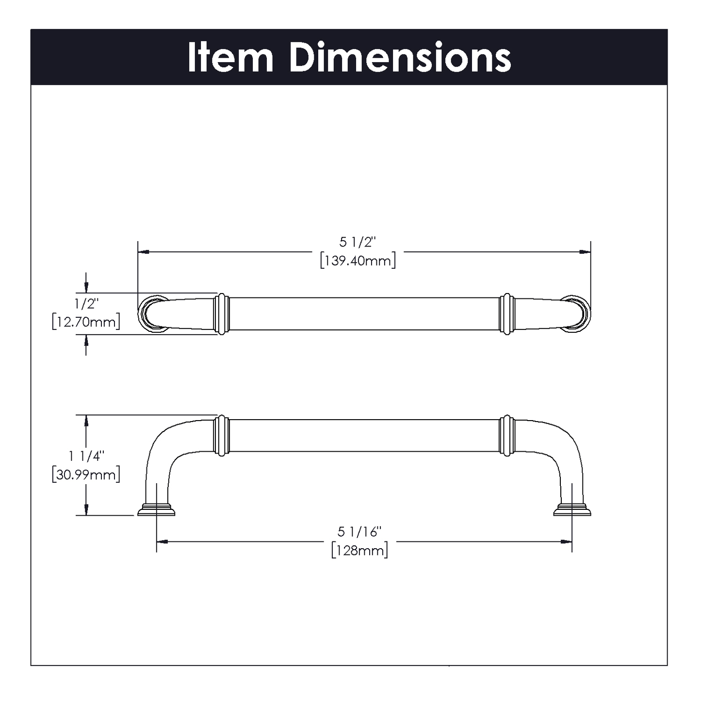 Technical drawing of vintage bronze cabinet pull showing detailed dimensions for hardware and furniture accessories under $50