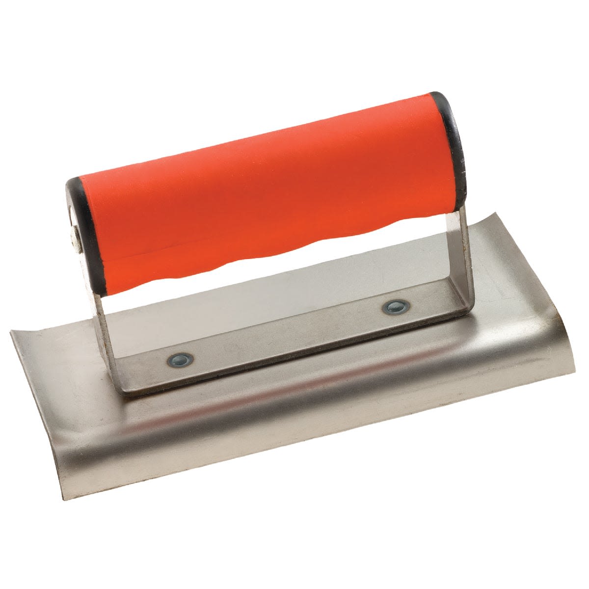 Curved metal cement edger with bright orange cushioned handle for home improvement and concrete finishing tasks