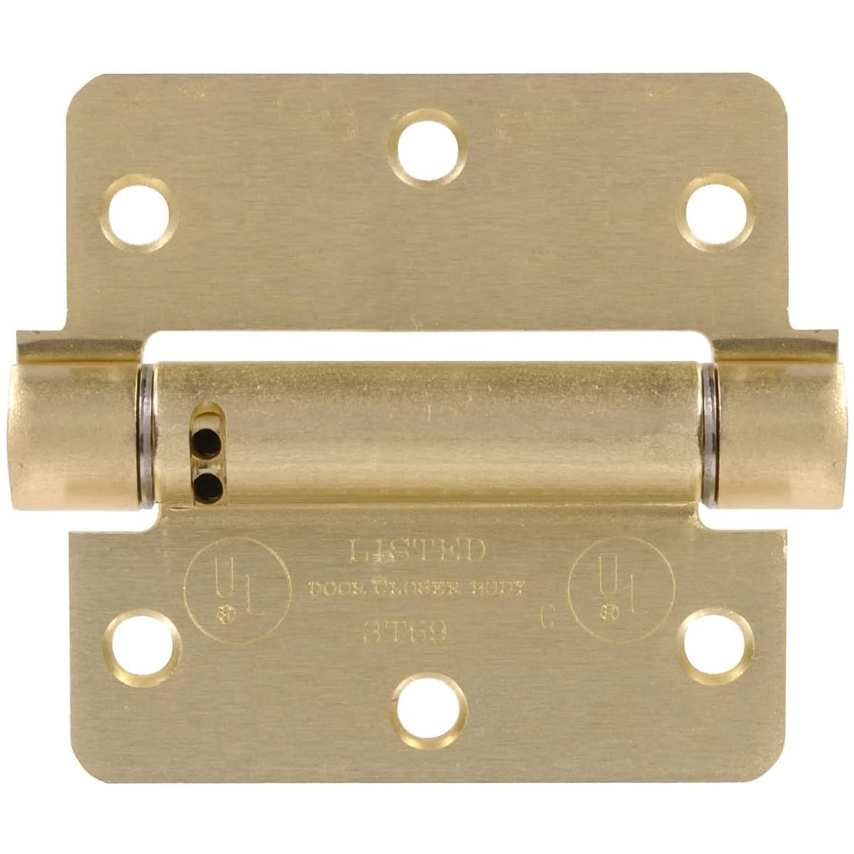 Satin brass adjustable spring hinge with 1/4 round corners for doors in hardware and home improvement collection