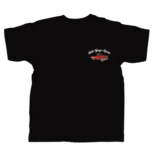 Black shirt with small red vintage pickup truck graphic and cursive text on the chest pocket area