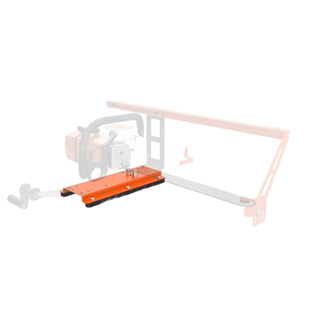 Orange metal saw carriage rail with adjustable glide bars designed for precision in woodworking and home improvement tools