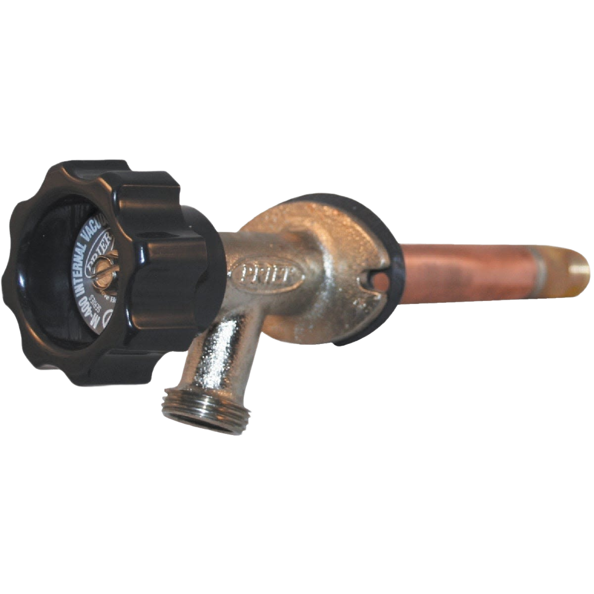 Frost-free wall hydrant with black handle and copper stem for outdoor water control in home improvement projects