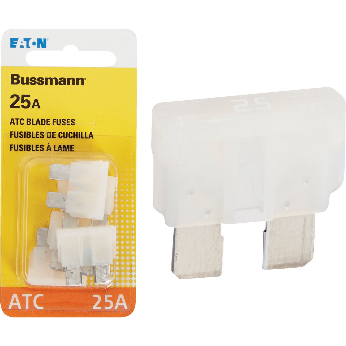 Four white 25-amp automotive blade fuses in packaging for auto maintenance and repair use
