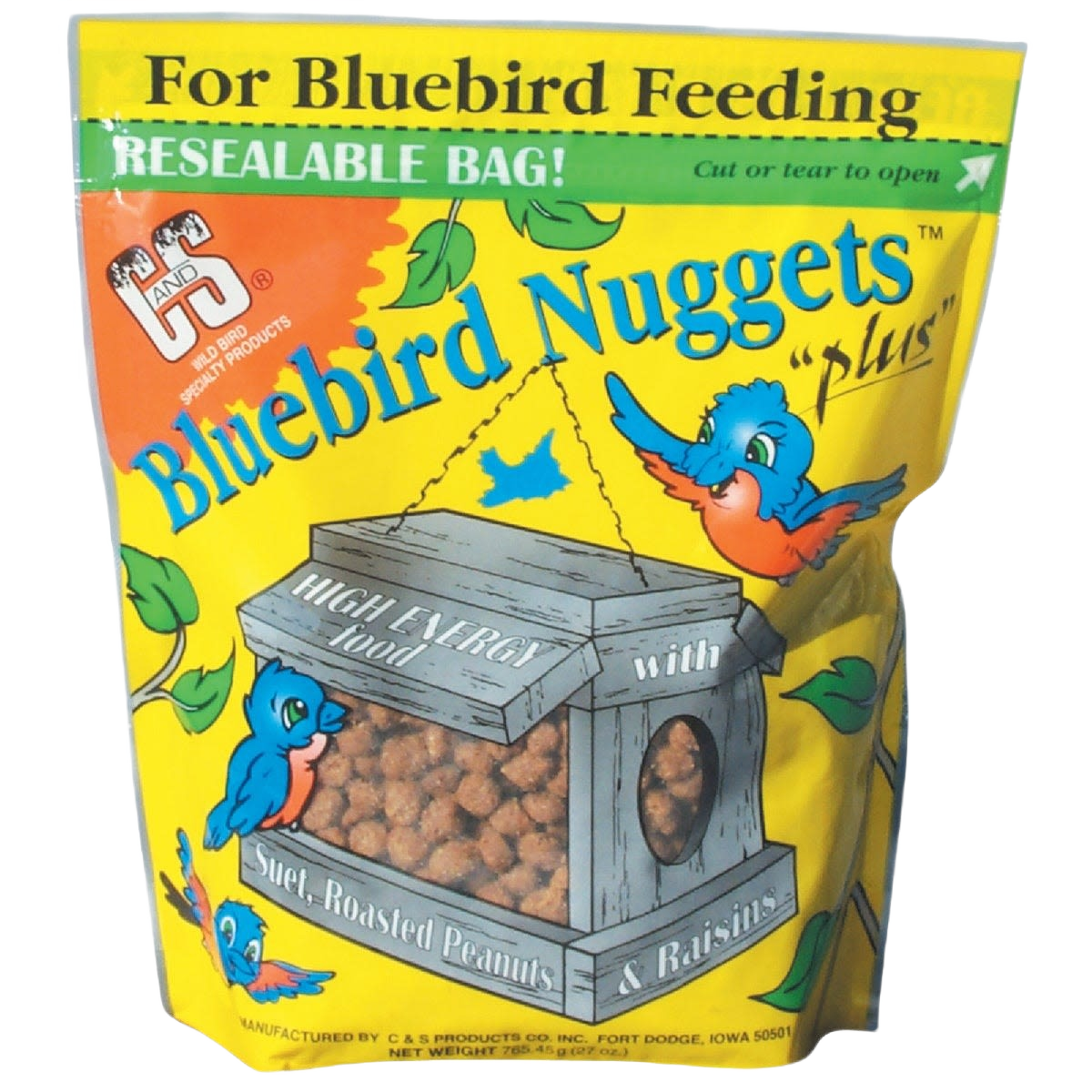 Yellow resealable bag of bluebird nuggets with birdhouse illustration and bluebirds for wild bird feeding tasks