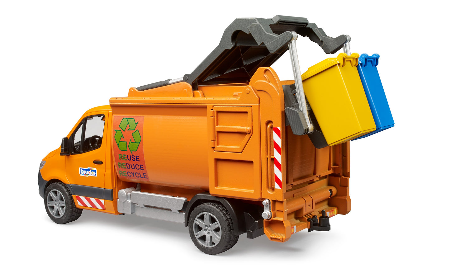 Orange toy garbage truck lifting yellow and blue recycling bins, designed for tools and home improvement play