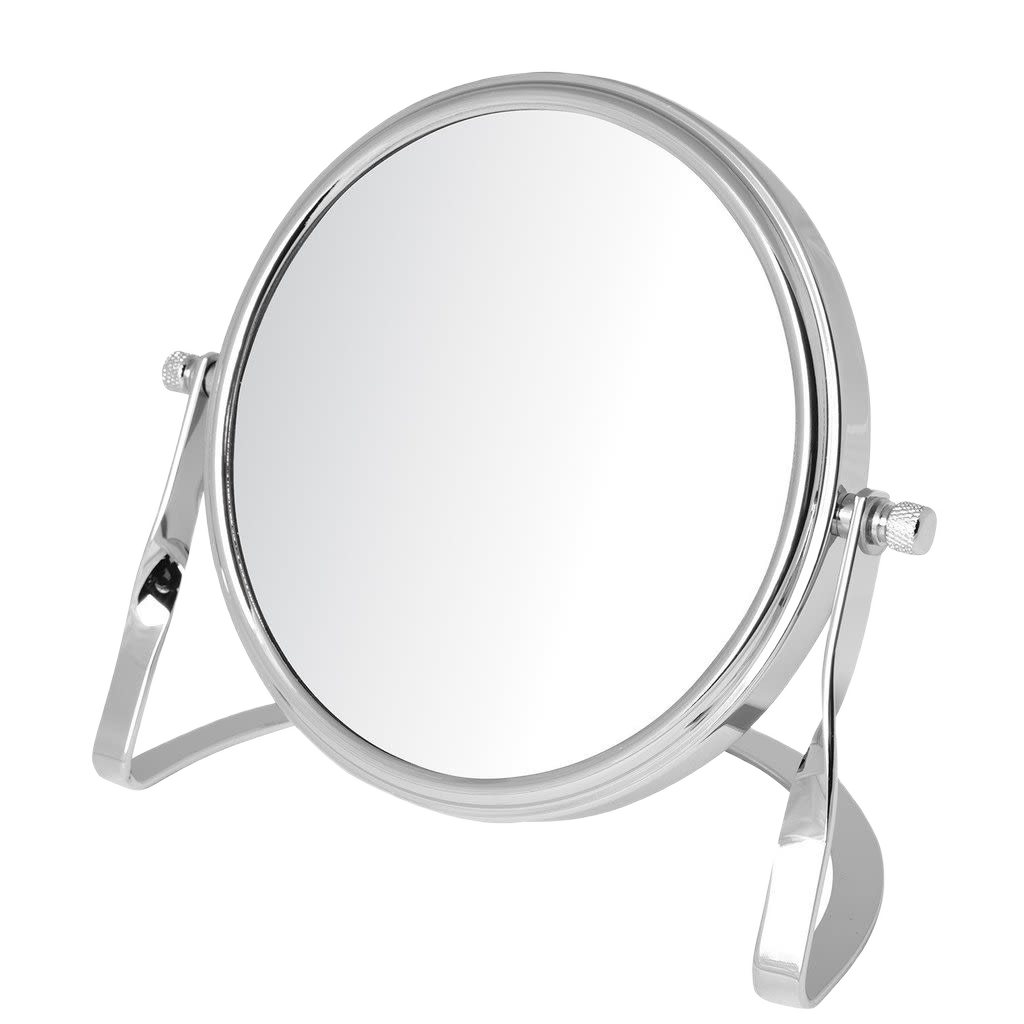 Chrome-finished round tabletop mirror with adjustable tilt and 5x to 1x magnification for detailed grooming tasks