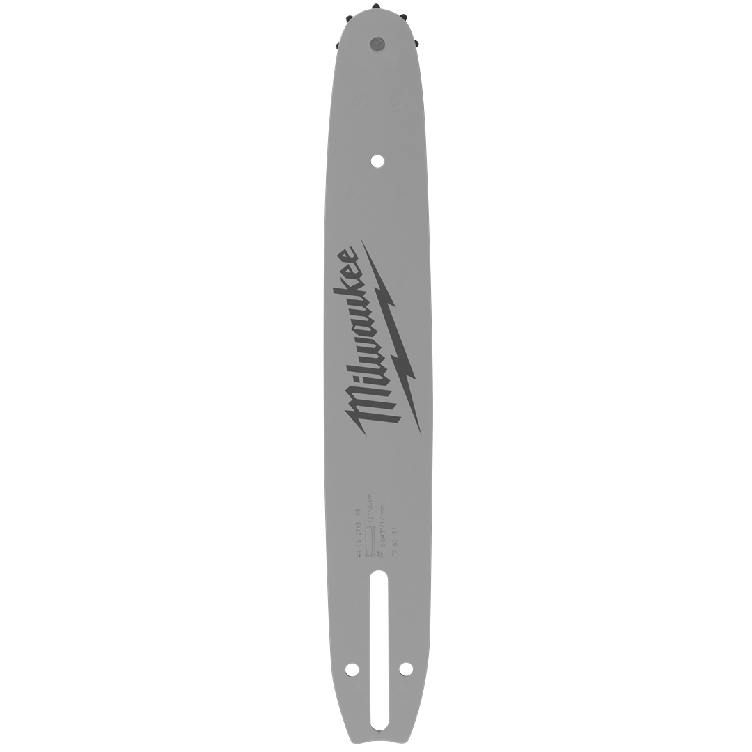 Gray steel chainsaw guide bar with Milwaukee branding for precision cutting in home improvement tasks