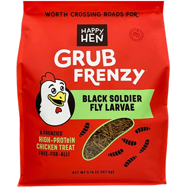 Red bag of high-protein black soldier fly larvae chicken treats for natural feeding and poultry enrichment