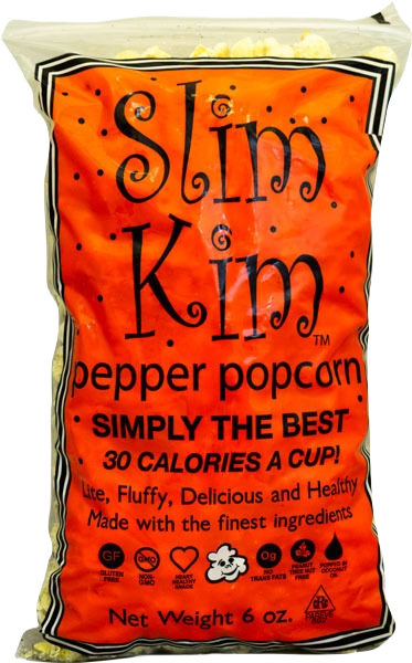 Bright orange bag of Slim Kim Pepper Popcorn, a light, low-calorie snack in the Chips & Snacks collection under $25