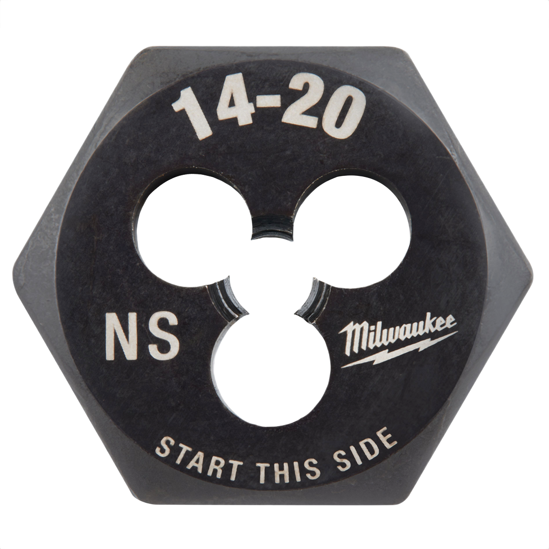 Black hexagonal threading die marked 14-20 NS with instructions and brand name for home improvement tools