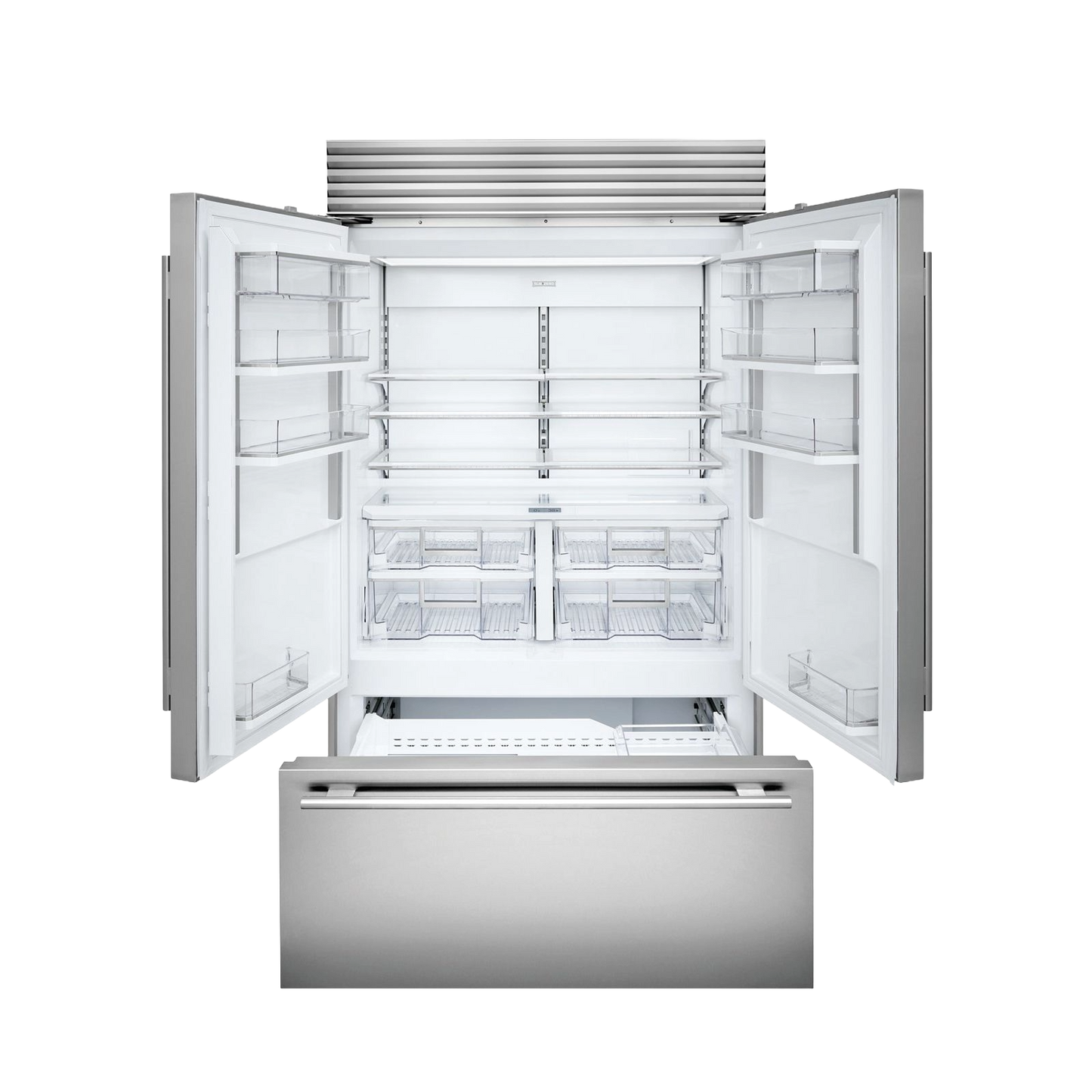 Stainless steel French door refrigerator with open doors, adjustable shelves, and bottom freezer drawer from Sub-Zero appliances collection