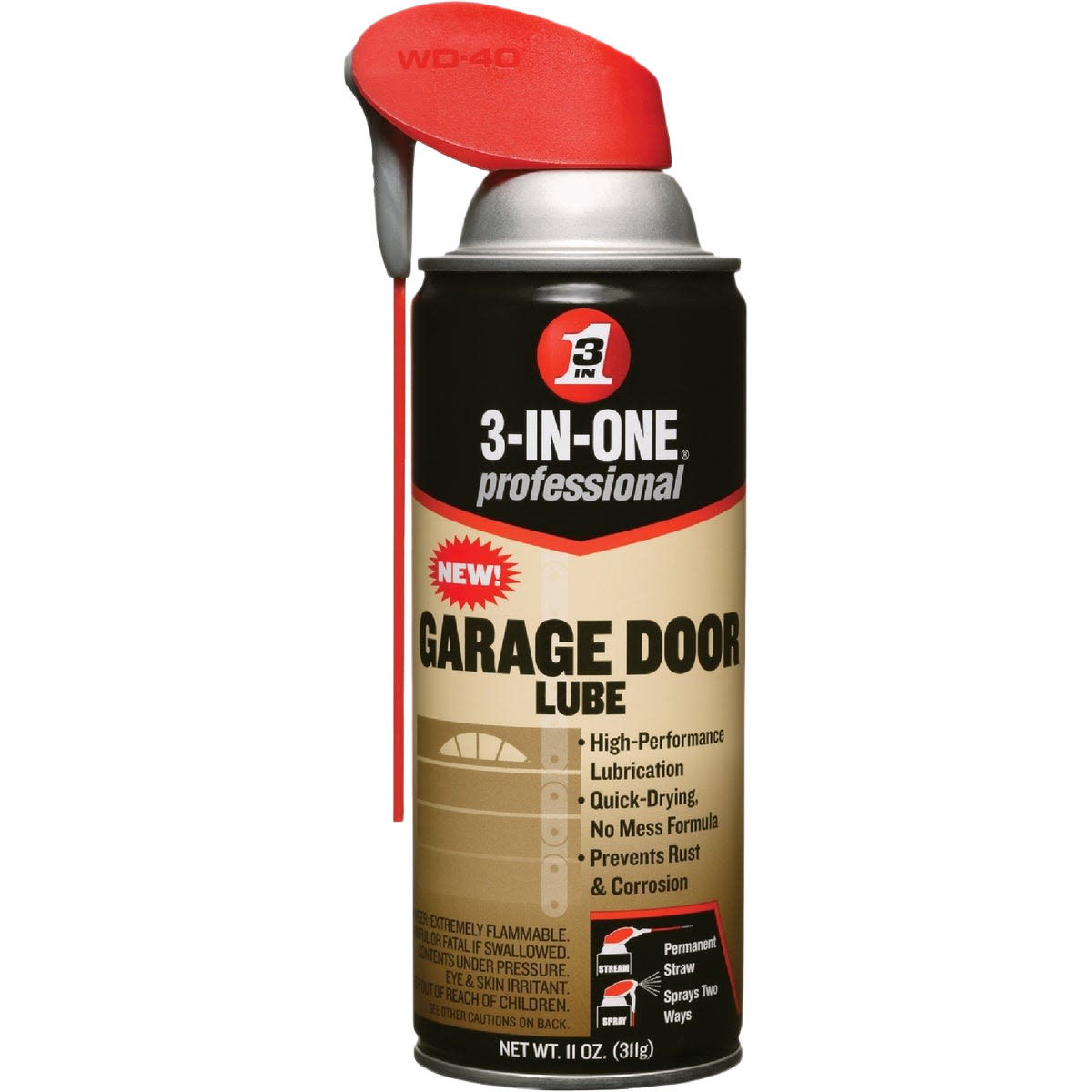 Black and beige aerosol can with red spray nozzle containing garage door lubricant for home improvement use