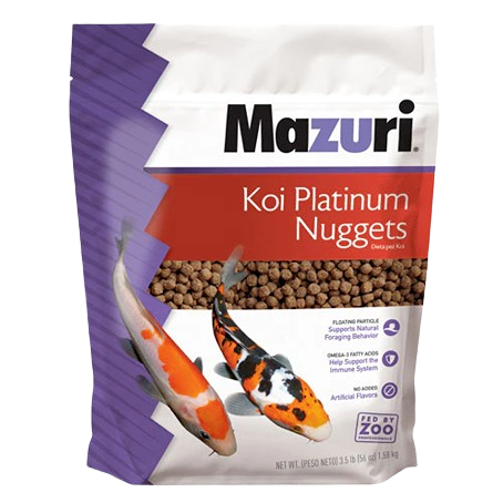 Bag of Mazuri Koi Platinum Nugget Diets featuring colorful koi fish and natural floating pellet food for pond fish care