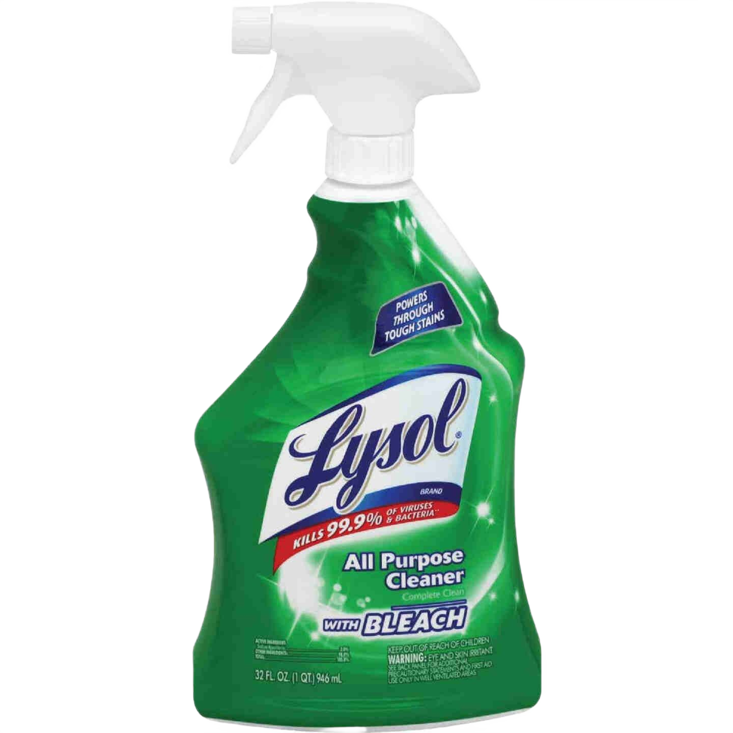 Green spray bottle of Lysol all-purpose cleaner with bleach for cleaning supplies and home improvement under $50
