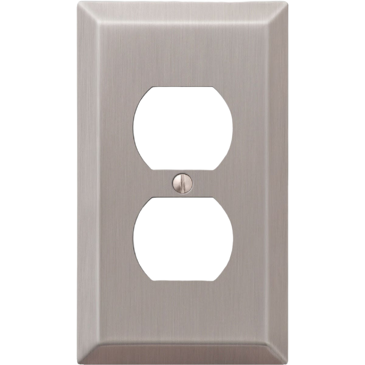 Brushed nickel stamped steel 1-gang outlet wall plate with single screw for home improvement projects