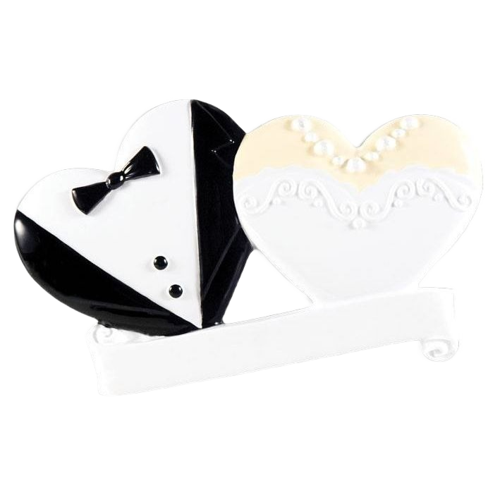 Two heart-shaped ornaments depicting a tuxedo and a pearl necklace wedding design for Christmas decor under $50