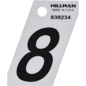 Black number 8 on silver adhesive metal plate with hole for mounting in home improvement projects