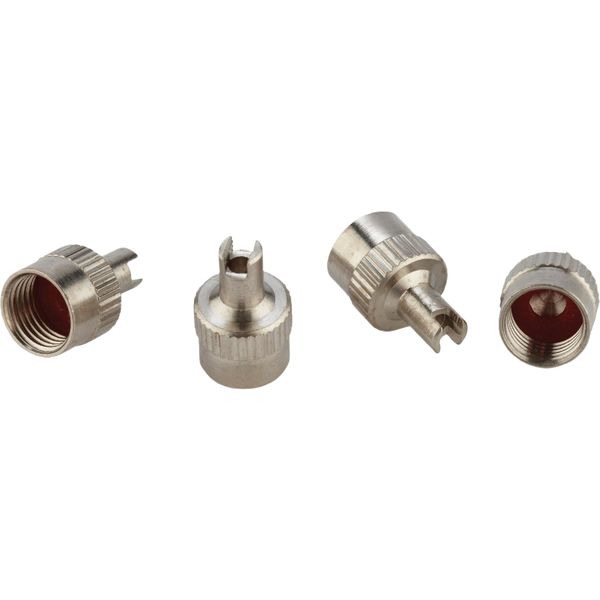 Set of metal screwdriver-style tire valve caps with threaded interior for fastening tools and home improvement projects