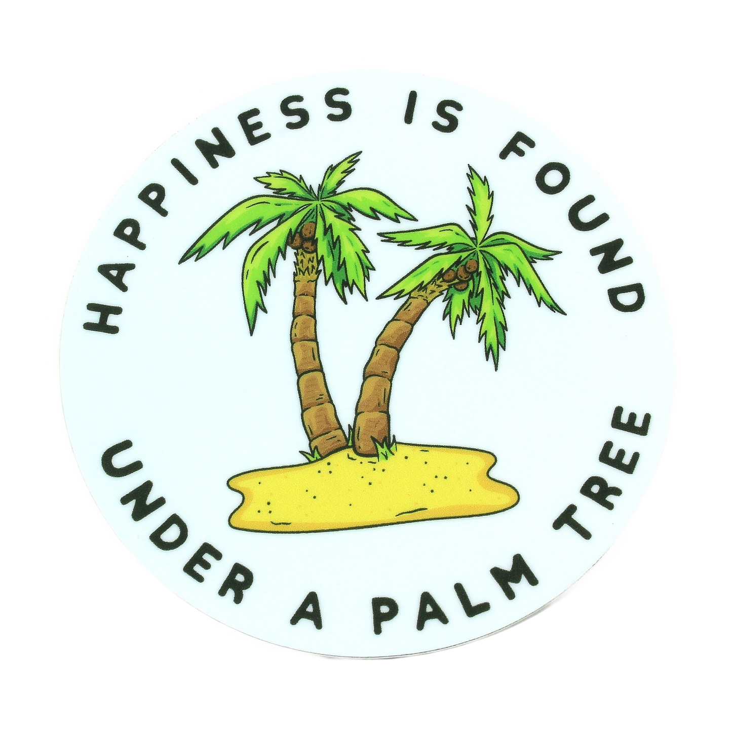 Illustration of two green palm trees on a small yellow island with motivational text in black letters for stickers use