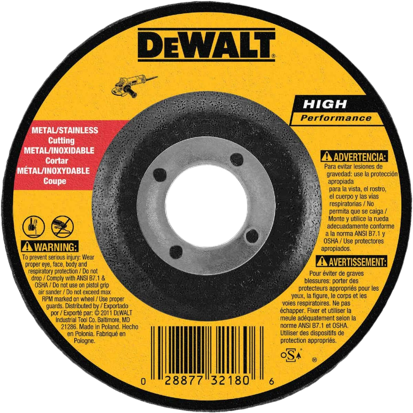 Round DEWALT metal cutting wheel with high performance label for use in power tool accessories and woodworking collections