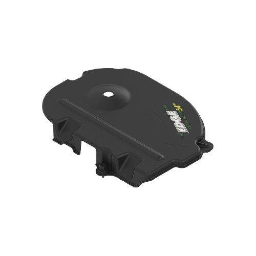 Black plastic belt cover with mounting points designed for lawn equipment maintenance and protection tasks