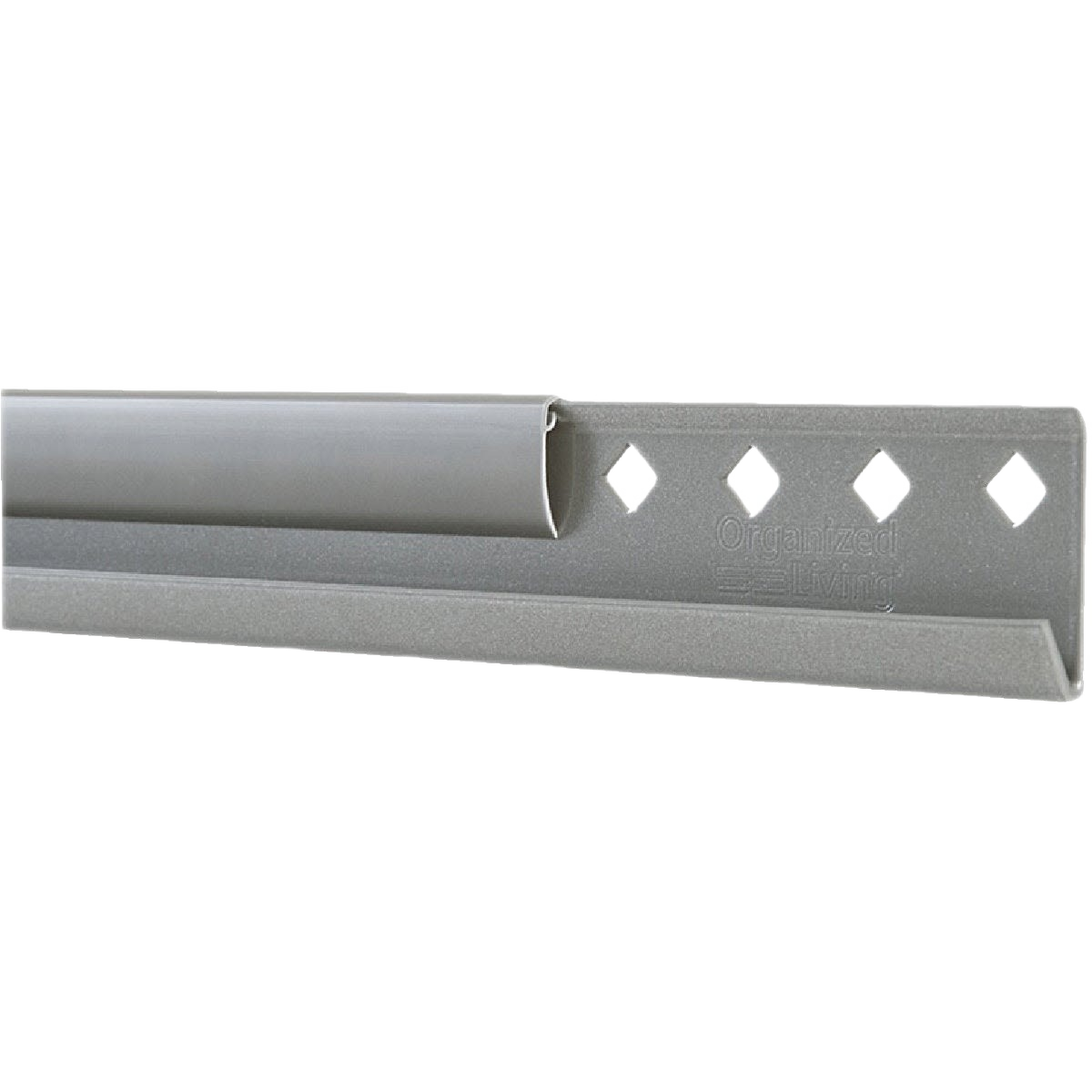 Nickel-colored heavy-gauge steel hanging rail with rosette anchor for secure wall mounting in storage and organization collections