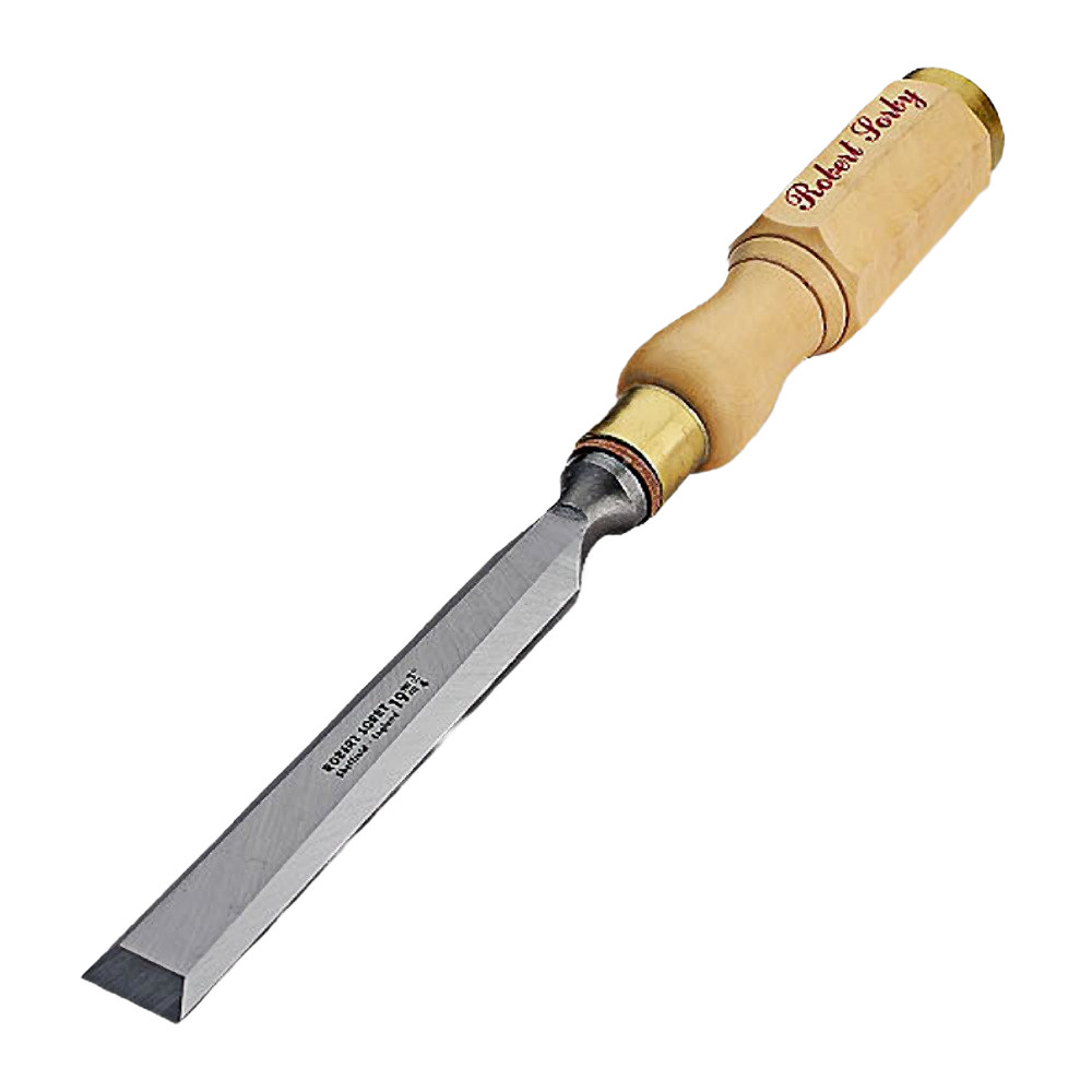 Chisel with octagonal boxwood handle and polished steel blade designed for woodworking and home improvement tasks