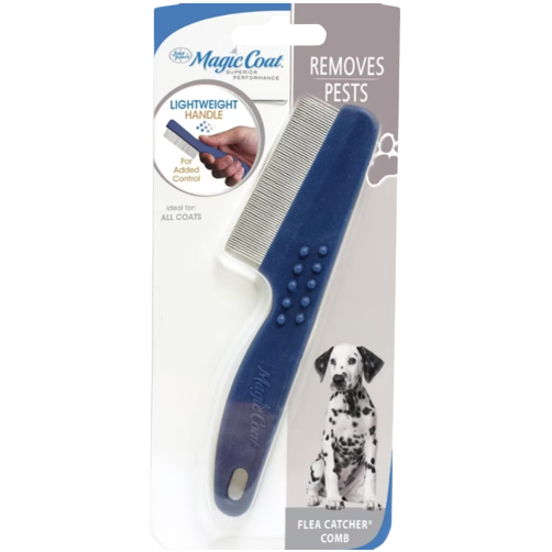 Blue-handled flea comb with fine metal teeth designed for pets, featuring a lightweight grip for easy pest removal